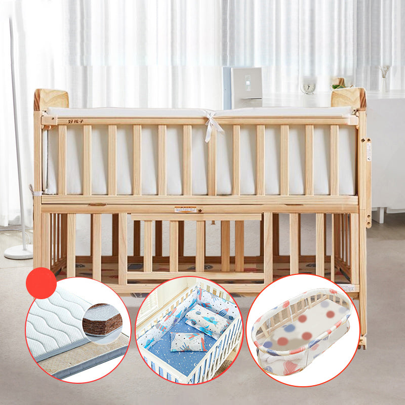 Solid Wood Convertible Baby Crib Natural Wood Crib with Storage and Adjustable Height