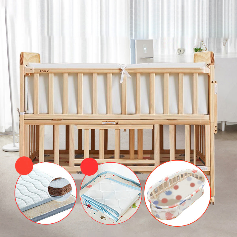 Solid Wood Convertible Baby Crib Natural Wood Crib with Storage and Adjustable Height