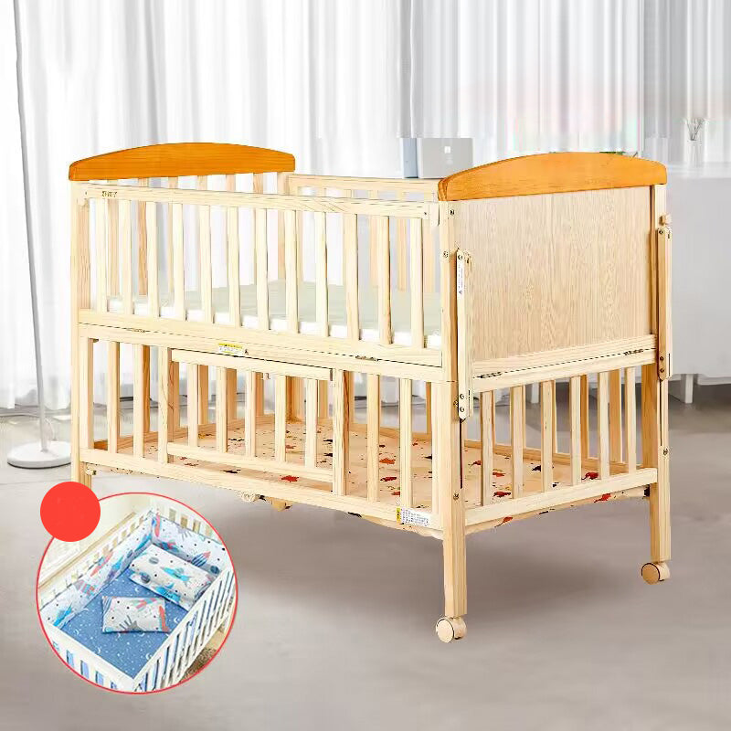 Solid Wood Convertible Baby Crib Natural Wood Crib with Storage and Adjustable Height