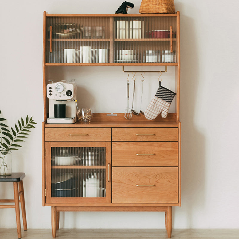 Contemporary Dining Hutch Pine Glass Doors Storage Cabinet for Dining Room