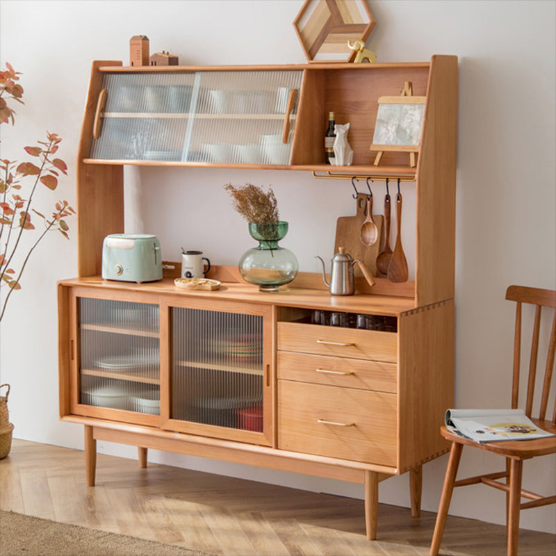 Contemporary Glass Doors Dining Hutch Pine Storage Cabinet for Living Room