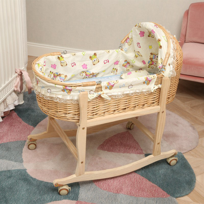 Traditional Wood Nursery Crib Oval Wicker Moses Basket in Natural