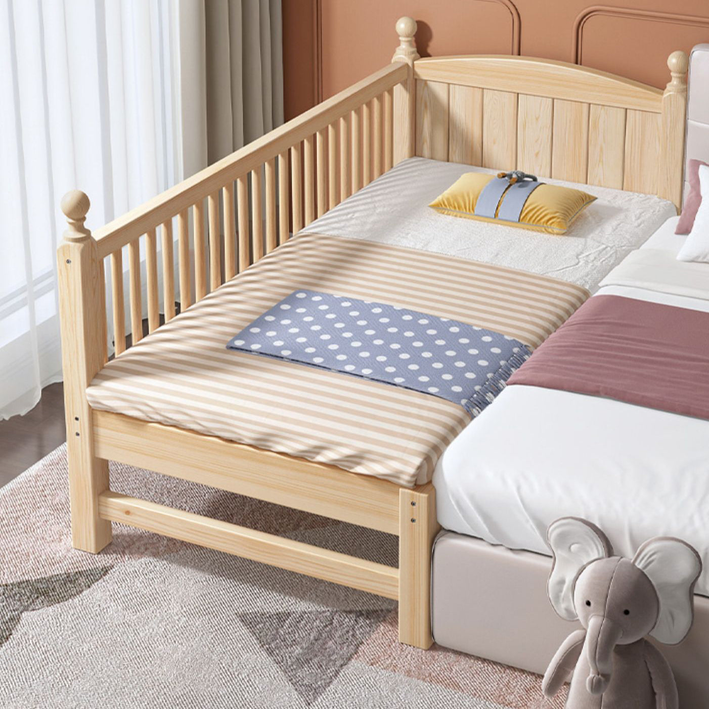 Washed Natural Pine Nursery Crib Modern Nursery Crib with Guardrail