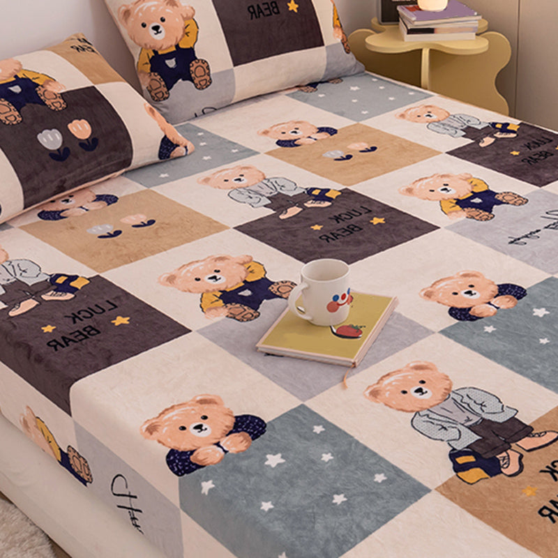 Flannel Bed Sheet Set Modern Cartoon Print Fitted Sheet for Bedroom