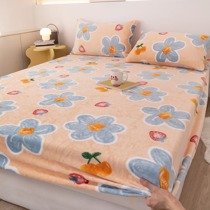 Flannel Bed Sheet Set Modern Cartoon Print Fitted Sheet for Bedroom