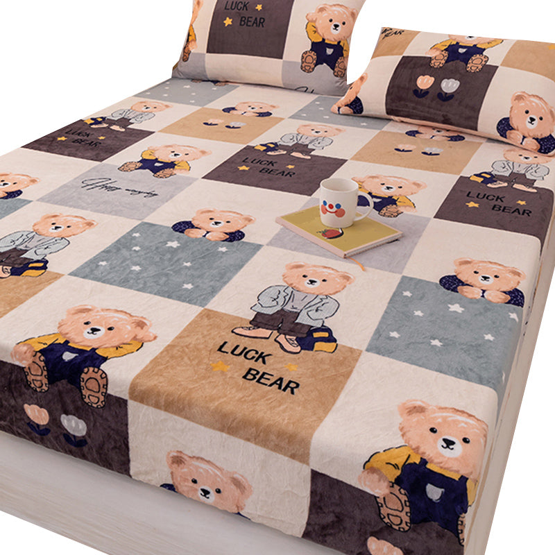 Flannel Bed Sheet Set Modern Cartoon Print Fitted Sheet for Bedroom