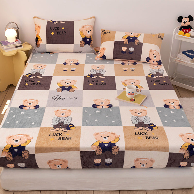 Flannel Bed Sheet Set Modern Cartoon Print Fitted Sheet for Bedroom