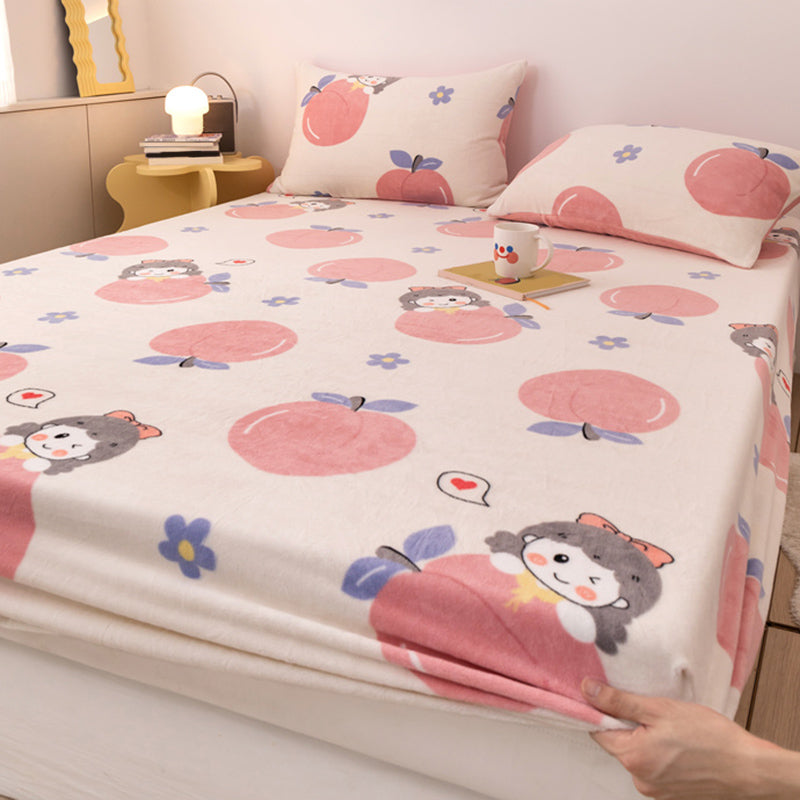 Flannel Bed Sheet Set Modern Cartoon Print Fitted Sheet for Bedroom