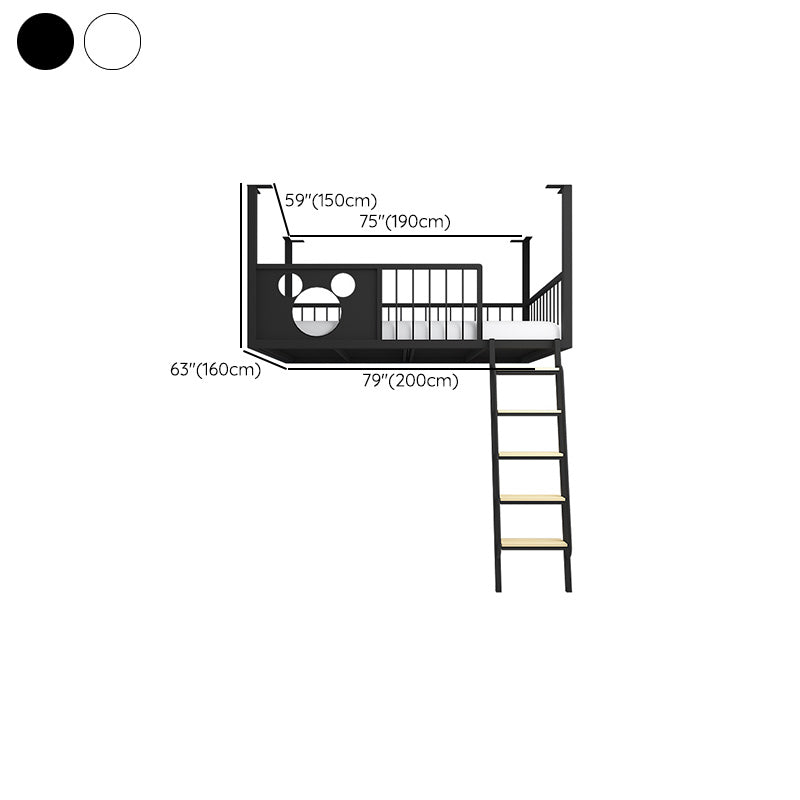 Metal Loft Bed Scandinavian White/Black Kids Bed with Built-In Ladder and Guardrail