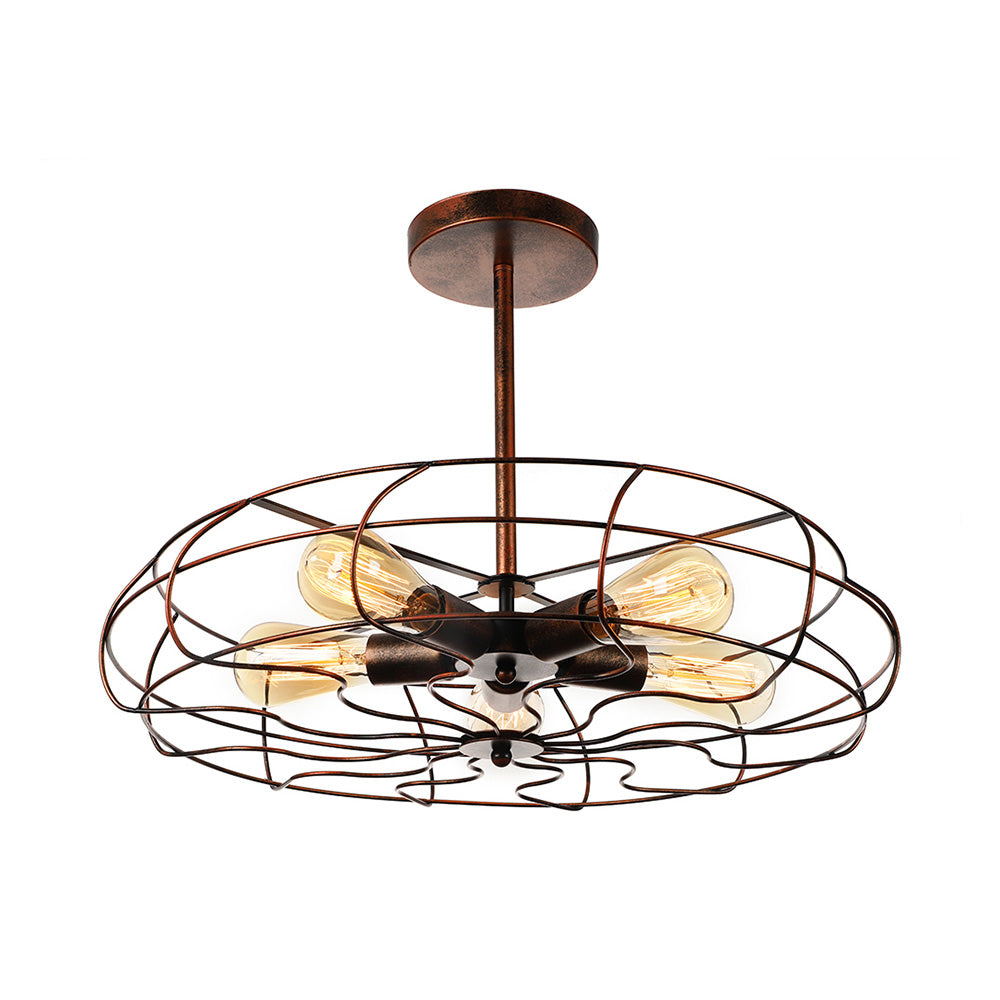 Fan Shaped Iron Ceiling Light with Wire Cage Shade Vintage 5 Lights Living Room Semi Flush Mount Light in Rust/Black