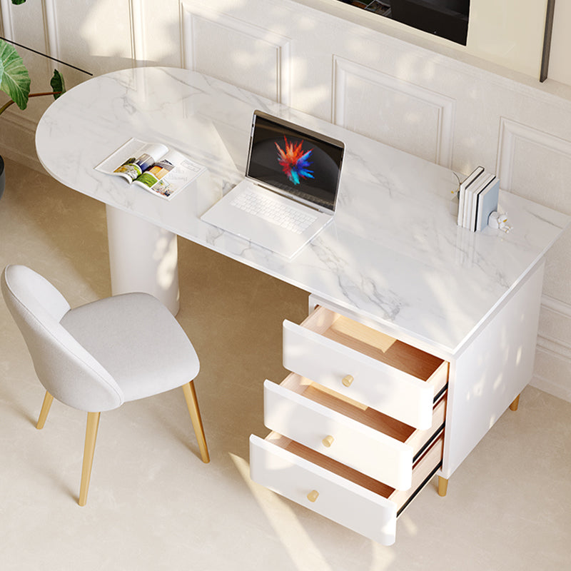 Glam Style Stone Writing Desk Peninsula Office Desk with 3 Drawers