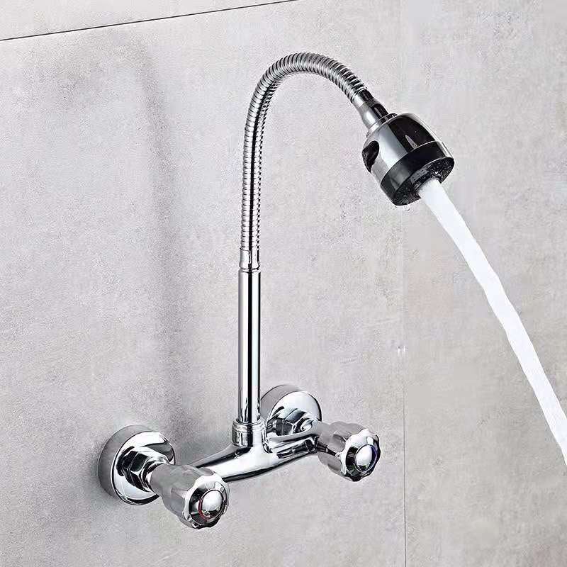 Wall Mounted Two Handles Kitchen Faucet Bronze Faucet in Chrome