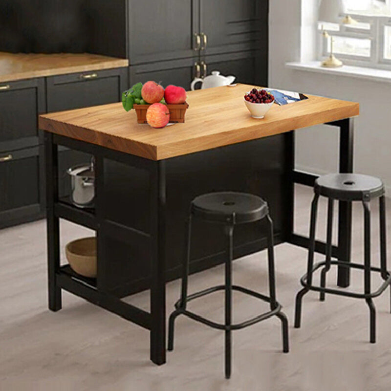 Rectangle Prep Table with Metal Base Solid Wood Island Table for Kitchen