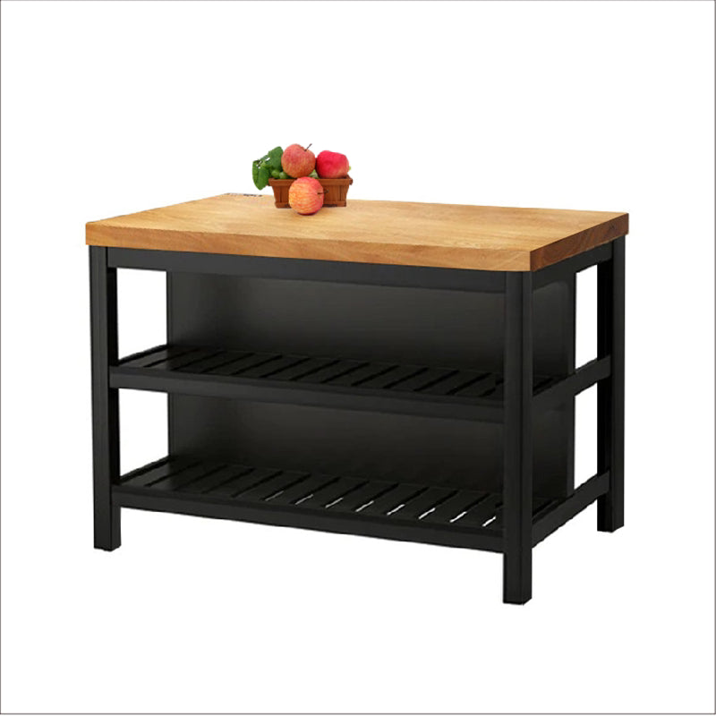 Rectangle Prep Table with Metal Base Solid Wood Island Table for Kitchen