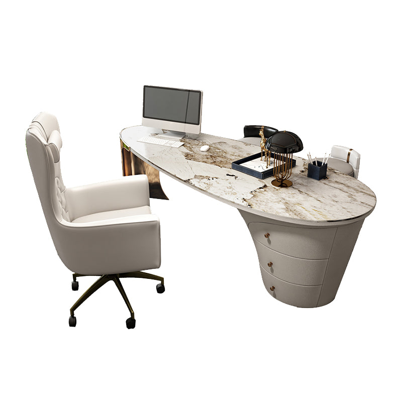 Metal Office Desk Glam Style Stone Writing Desk with 3 Drawers