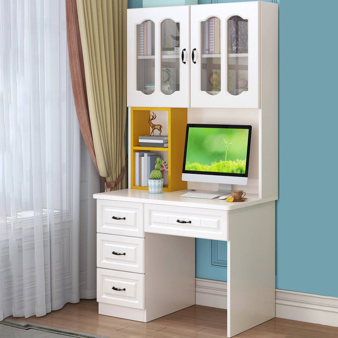 Contemporary Computer Desk with 4 Drawers and Bookshelf in Wood