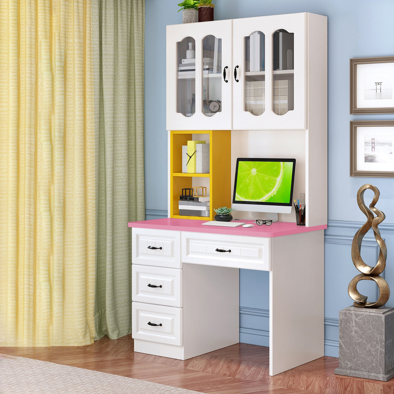 Contemporary Computer Desk with 4 Drawers and Bookshelf in Wood