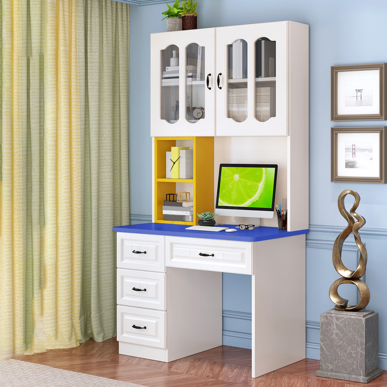 Contemporary Computer Desk with 4 Drawers and Bookshelf in Wood