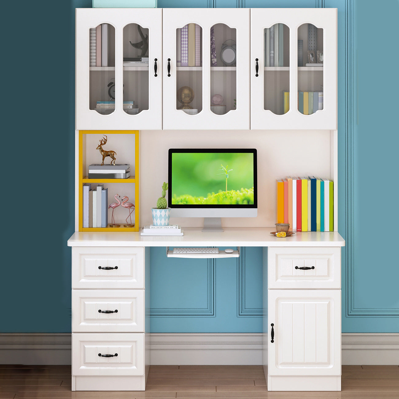 Contemporary Computer Desk with 4 Drawers and Bookshelf in Wood