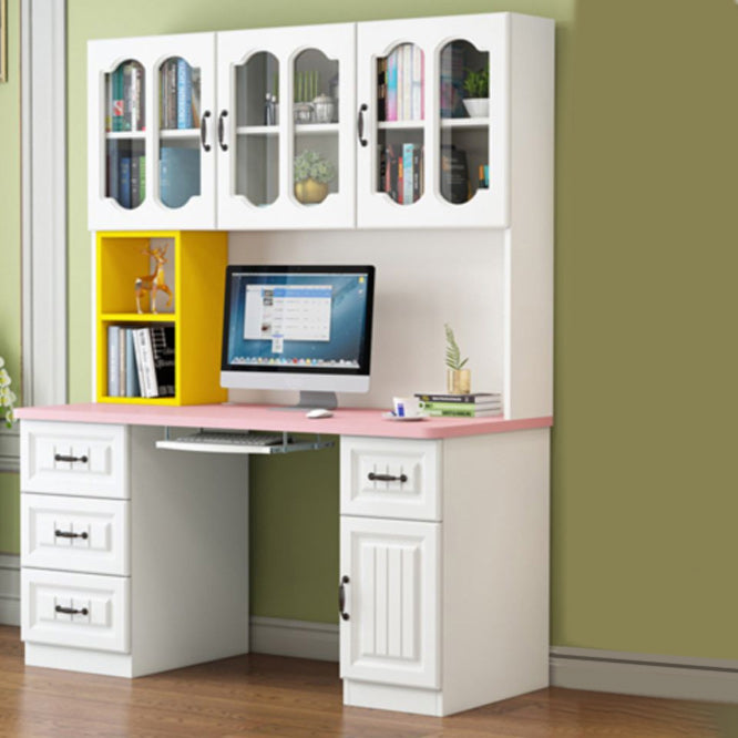 Contemporary Computer Desk with 4 Drawers and Bookshelf in Wood