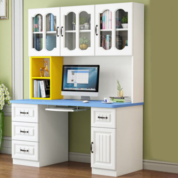 Contemporary Computer Desk with 4 Drawers and Bookshelf in Wood