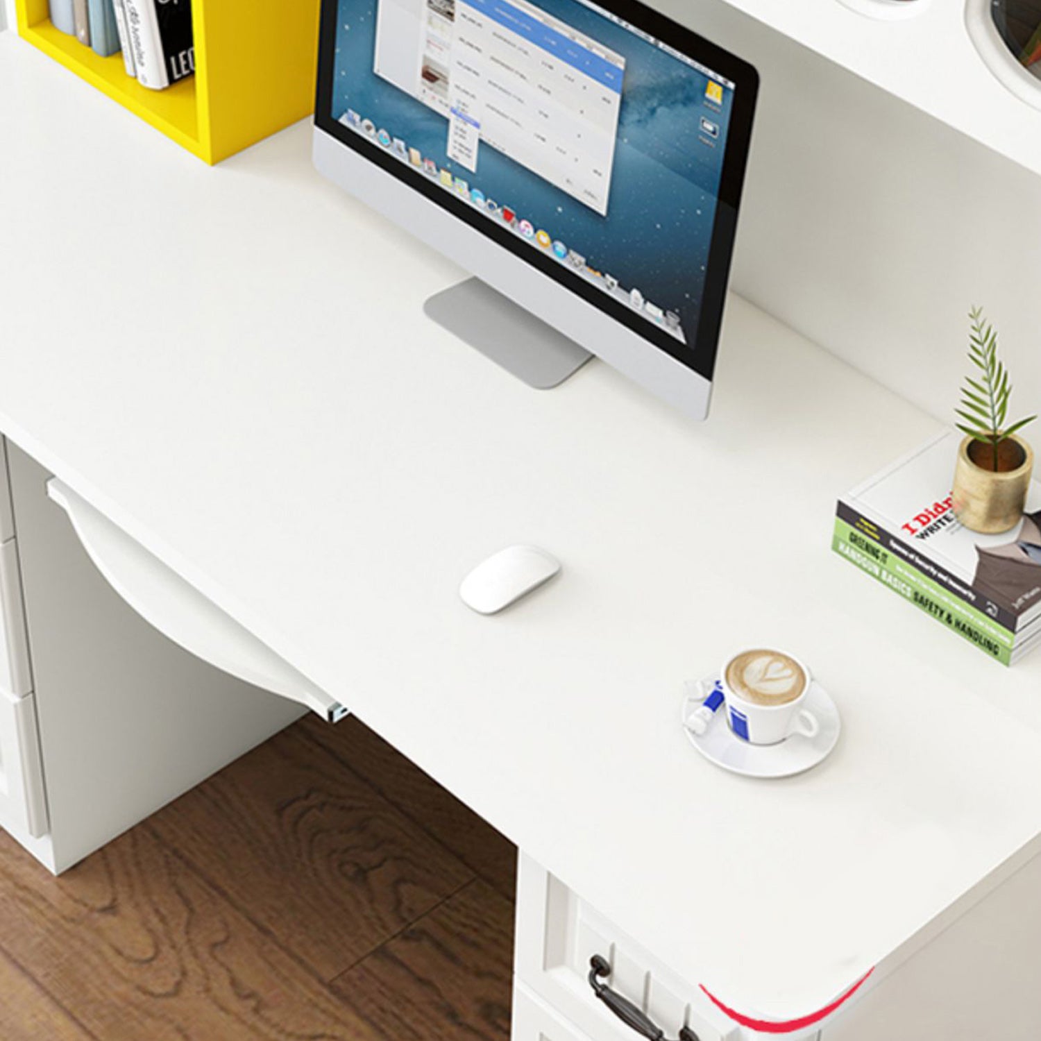 Contemporary Computer Desk with 4 Drawers and Bookshelf in Wood