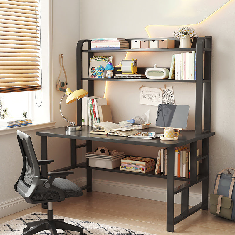 Modern Writing Desk with Wooden Storage Shelves in Steel Base