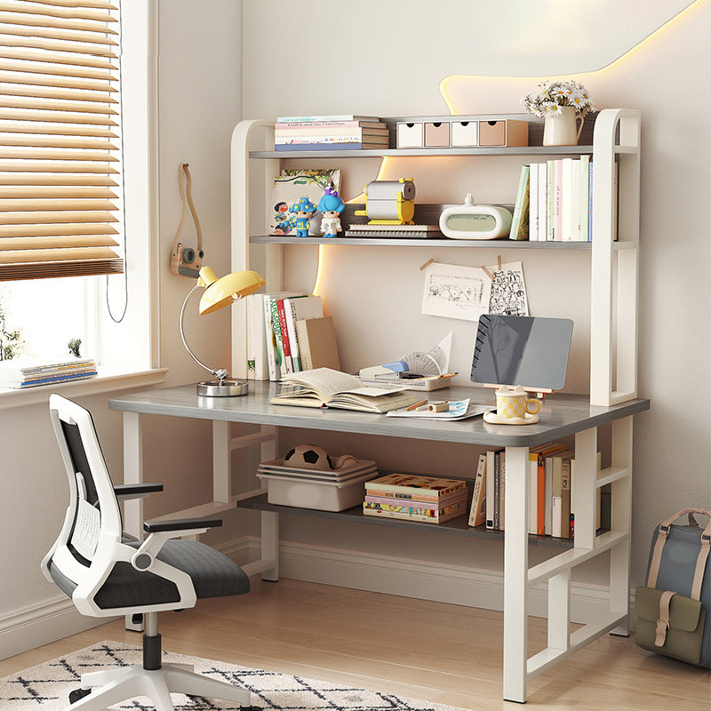 Modern Writing Desk with Wooden Storage Shelves in Steel Base