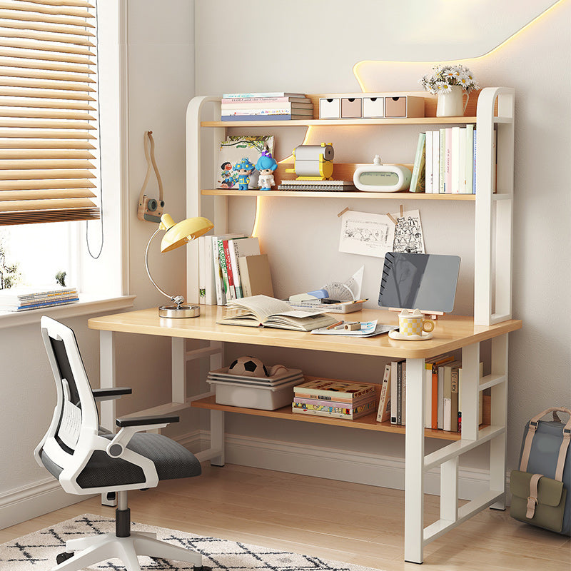 Modern Writing Desk with Wooden Storage Shelves in Steel Base