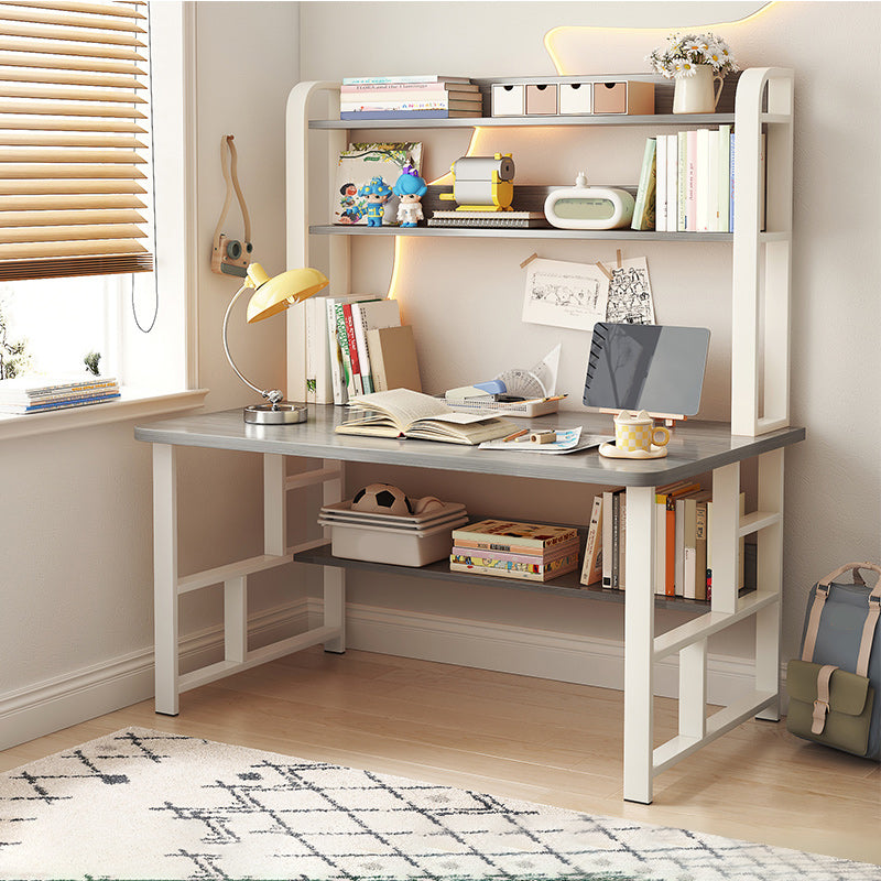 Modern Writing Desk with Wooden Storage Shelves in Steel Base