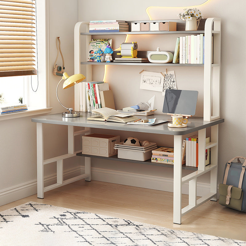 Modern Writing Desk with Wooden Storage Shelves in Steel Base