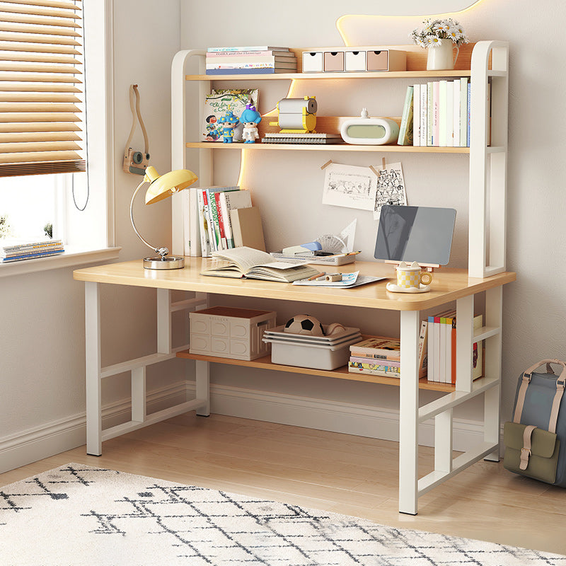 Modern Writing Desk with Wooden Storage Shelves in Steel Base