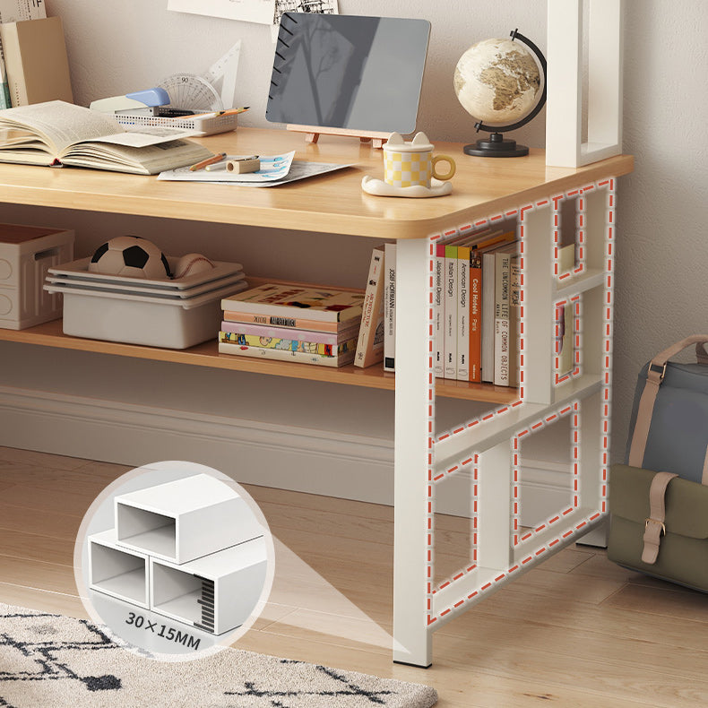 Modern Writing Desk with Wooden Storage Shelves in Steel Base