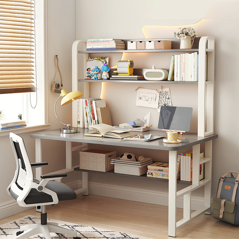 Modern Writing Desk with Wooden Storage Shelves in Steel Base