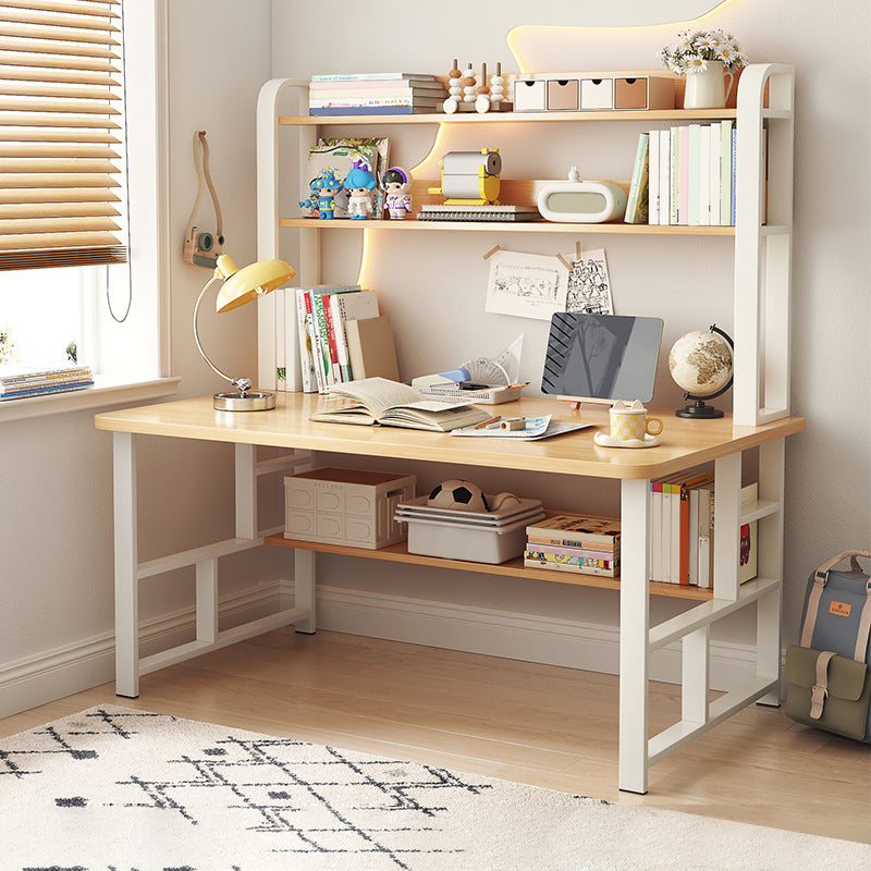 Modern Writing Desk with Wooden Storage Shelves in Steel Base