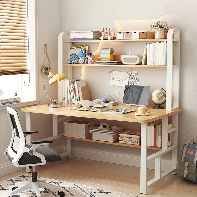 Modern Writing Desk with Wooden Storage Shelves in Steel Base