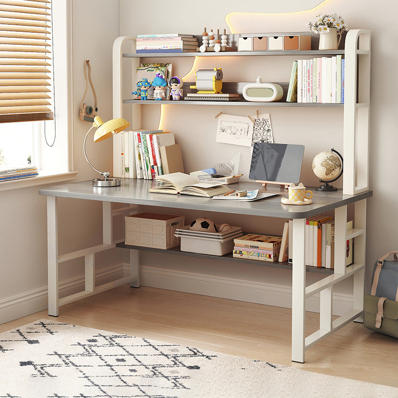 Modern Writing Desk with Wooden Storage Shelves in Steel Base