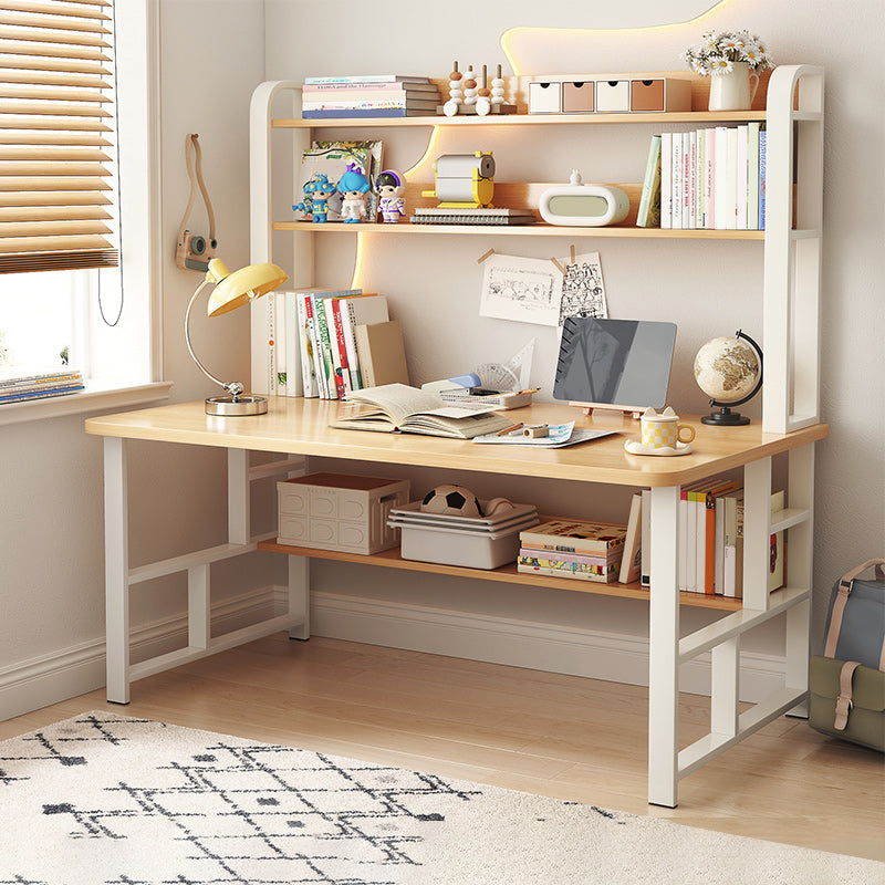 Modern Writing Desk with Wooden Storage Shelves in Steel Base