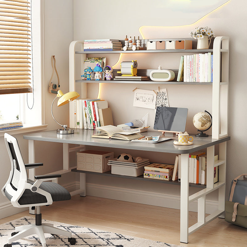 Modern Writing Desk with Wooden Storage Shelves in Steel Base