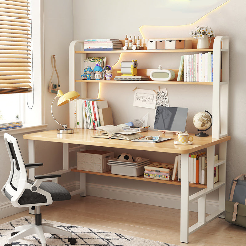 Modern Writing Desk with Wooden Storage Shelves in Steel Base