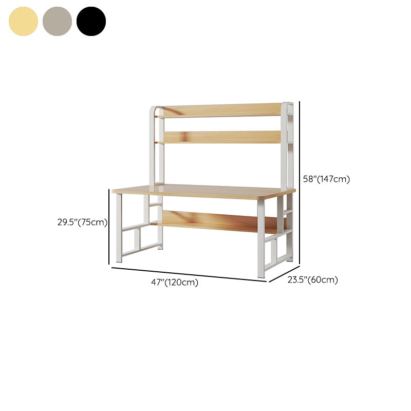 Modern Writing Desk with Wooden Storage Shelves in Steel Base