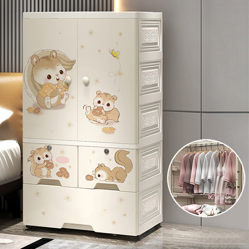 Plastic White Kids Closet Animal Print Coat Locker with Garment Rod