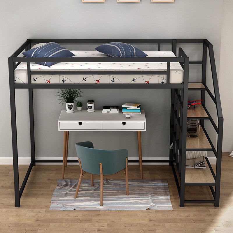 High Loft Bed with Stairway Modern Metallic Beds in Black & White