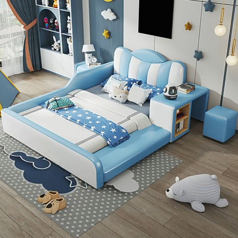 Contemporary Kids Bed Genuine Leather Blue Dollhouse Upholstered Headboard