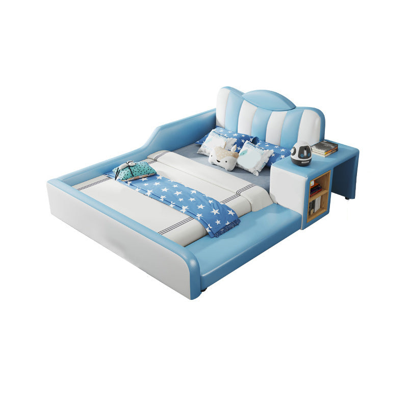 Contemporary Kids Bed Genuine Leather Blue Dollhouse Upholstered Headboard