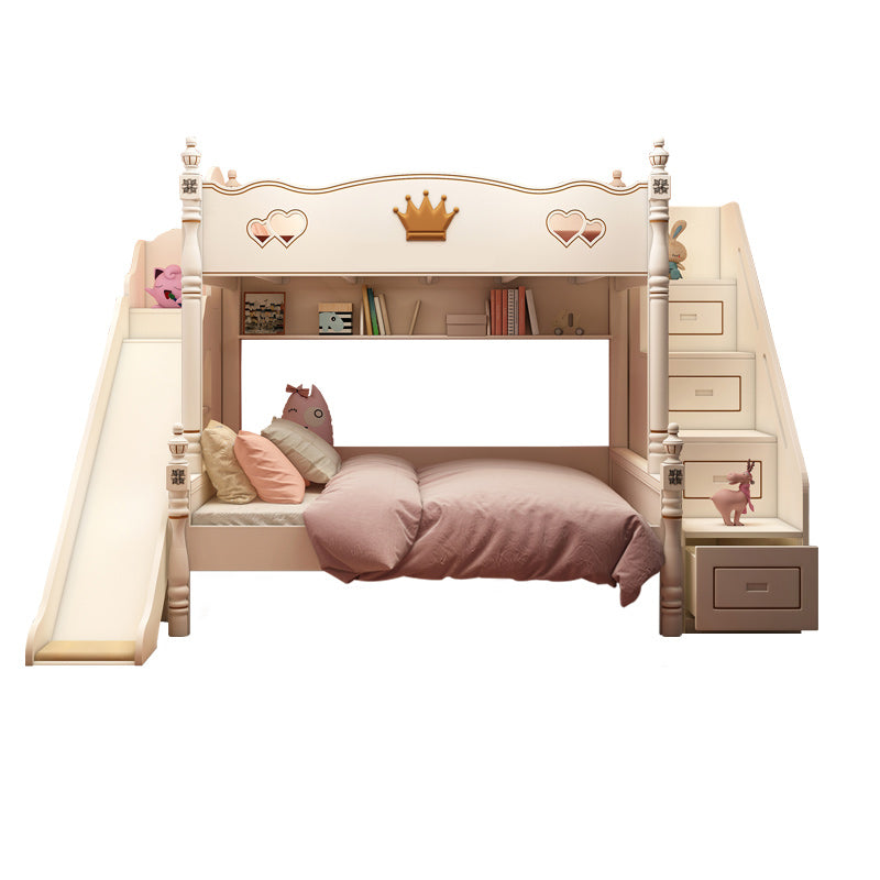 Contemporary Bunk Bed Solid Wood White Princess with Guardrail Headboard