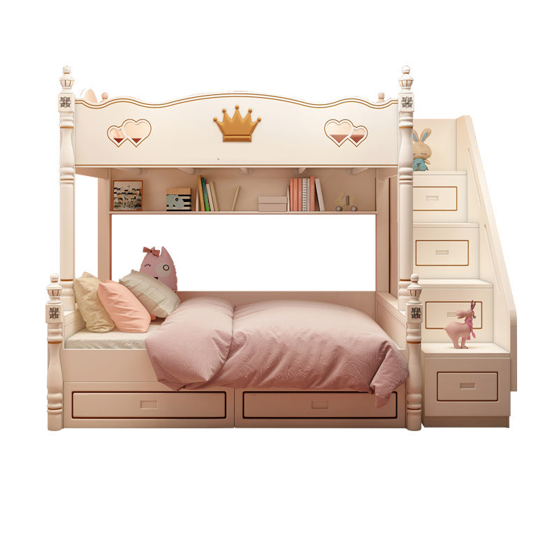 Contemporary Bunk Bed Solid Wood White Princess with Guardrail Headboard