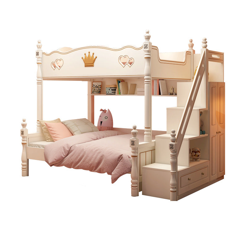 Contemporary Bunk Bed Solid Wood White Princess with Guardrail Headboard