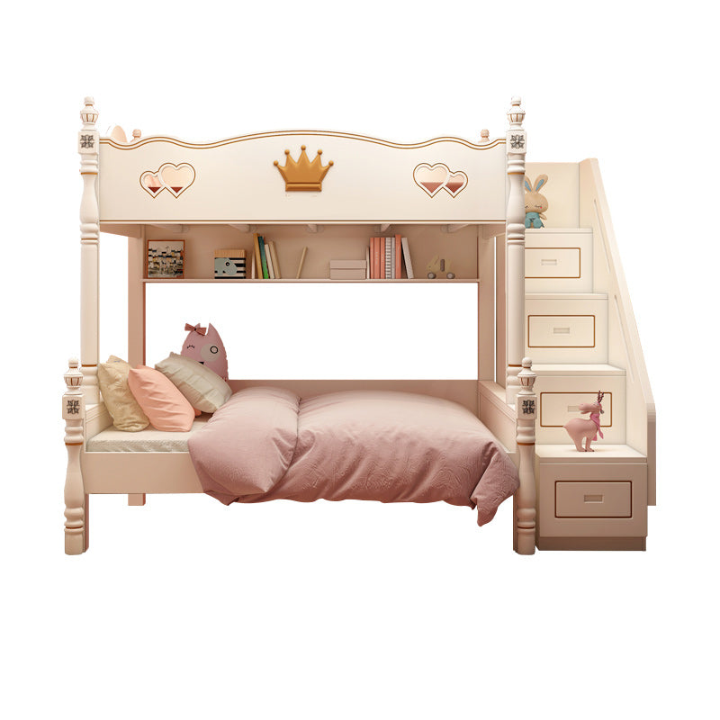 Contemporary Bunk Bed Solid Wood White Princess with Guardrail Headboard