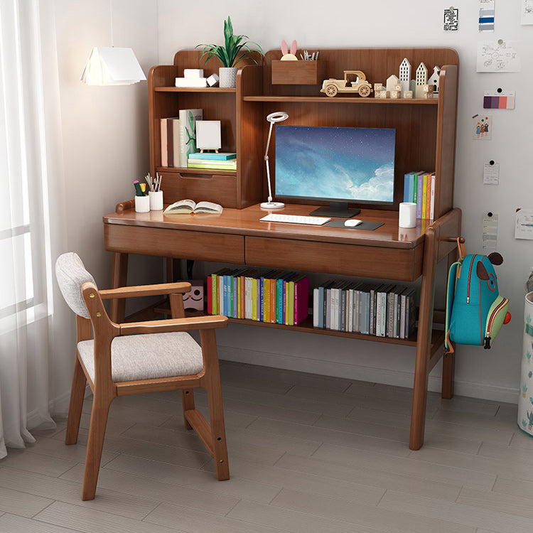 Contemporary Adjustable Student Table with Storage Shelves in Wood